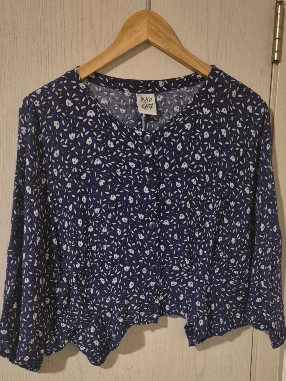 Mad Katz Navy Floral Button Front Blouse XS–S Fit Y2K